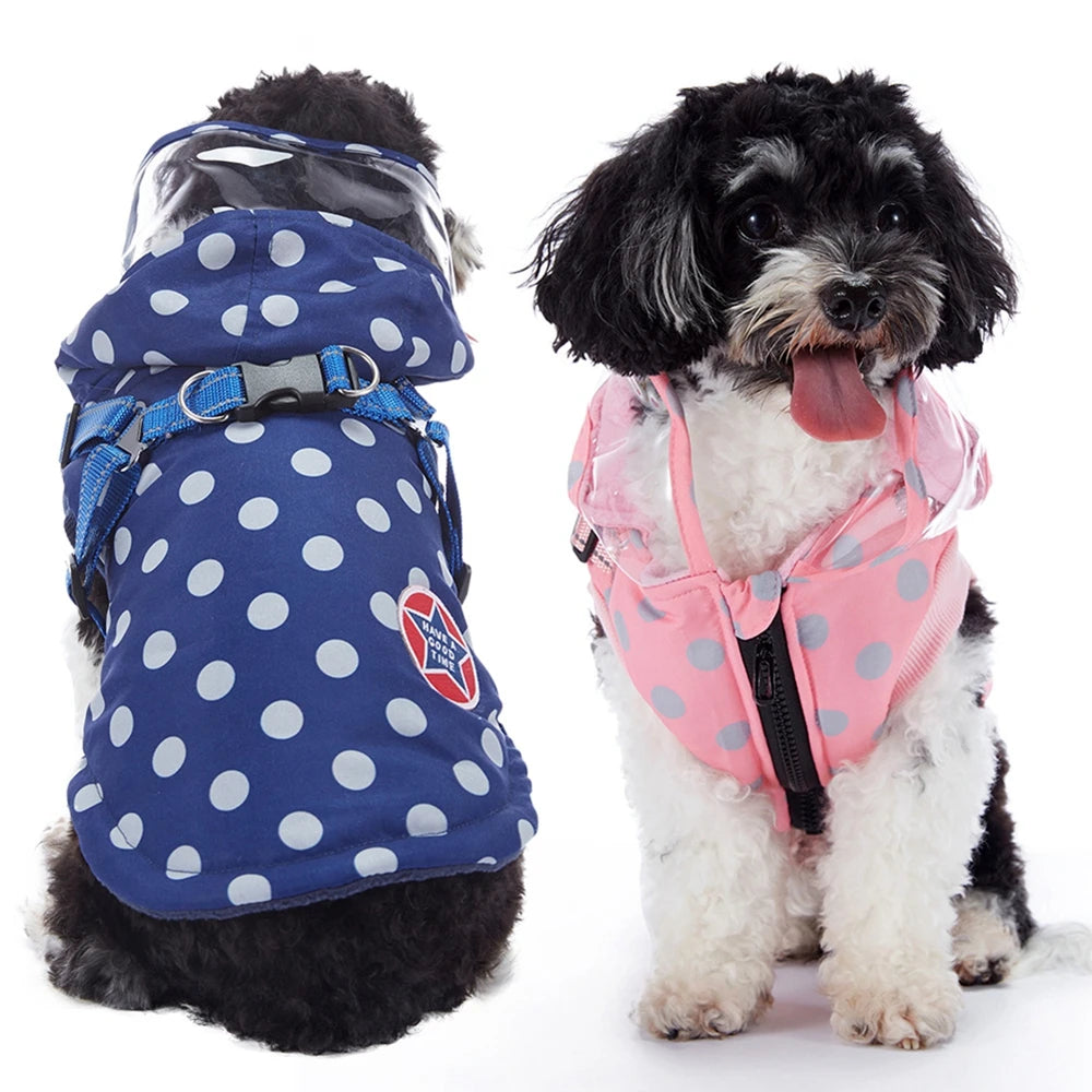 Outdoor Waterproof Winter Coat With Hoodie & Harness Zipper For Small Dogs & Cats