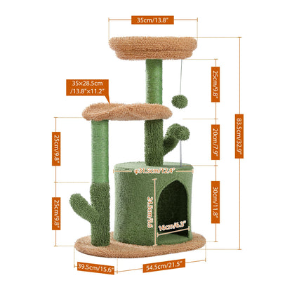 Cactus Cat Tower with Sisal Covered Scratching Post, Plush Perches and Fluffy Ball For Cats Up to 12Lbs