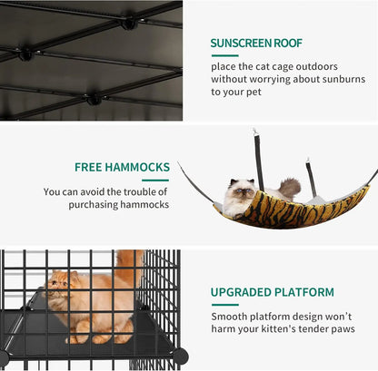 indoor-Outdor Large Catio with Storage Cube DIY Metal Playpen with Hammock Platforms for 1-4 Cats