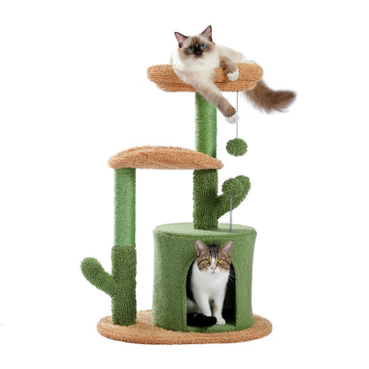 Cactus Cat Tower with Sisal Covered Scratching Post, Plush Perches and Fluffy Ball For Cats Up to 12Lbs