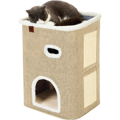 Cute Modern 2-Storey Cat Condo with Scratch Pad and Hideaway Cave