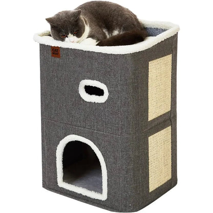 Cute Modern 2-Storey Cat Condo with Scratch Pad and Hideaway Cave