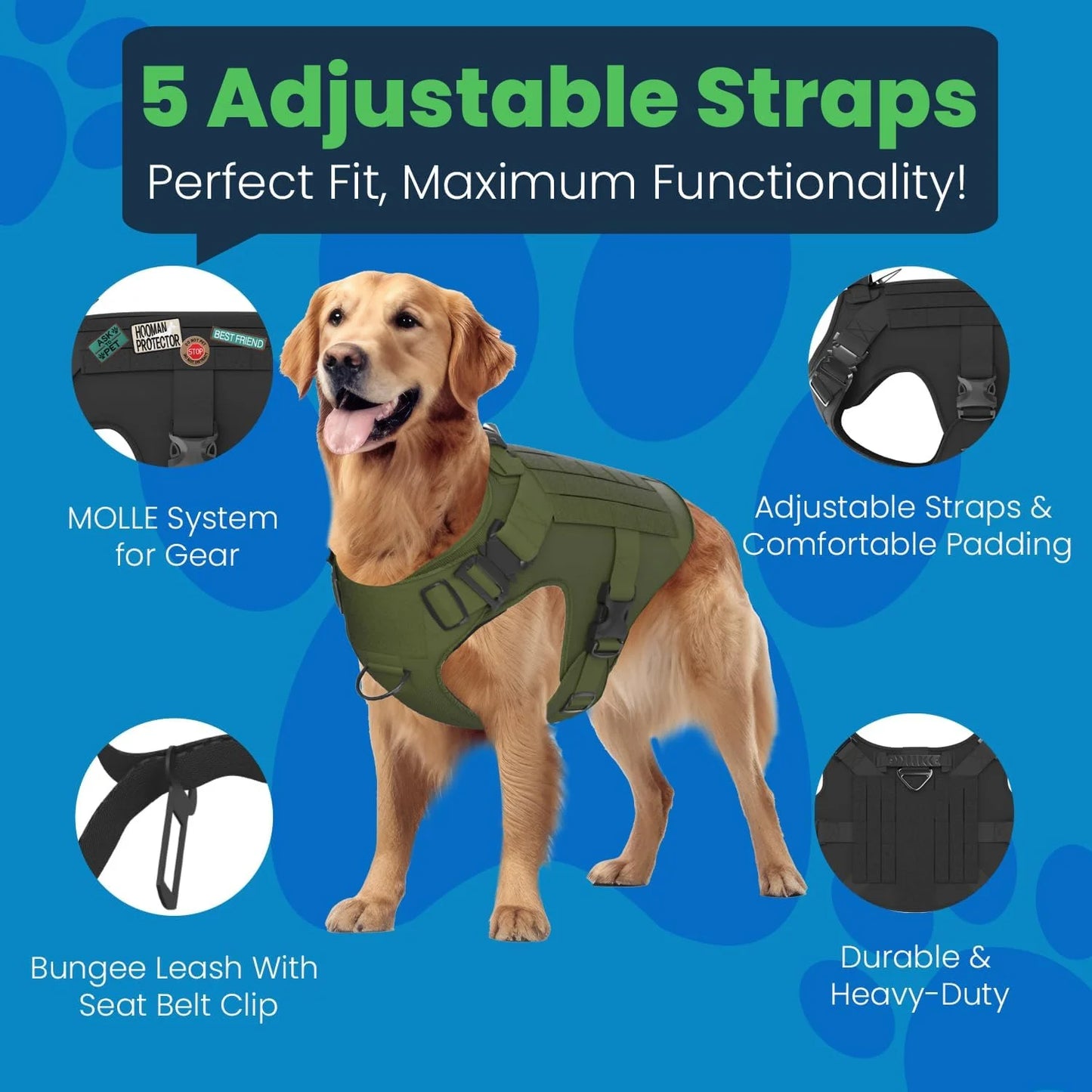 Adjustable Tactical Dog Harness & Leash Set - No-Pull Vest with Handle, Front Leash Clip for Small to Large Dogs (Medium Size Only)