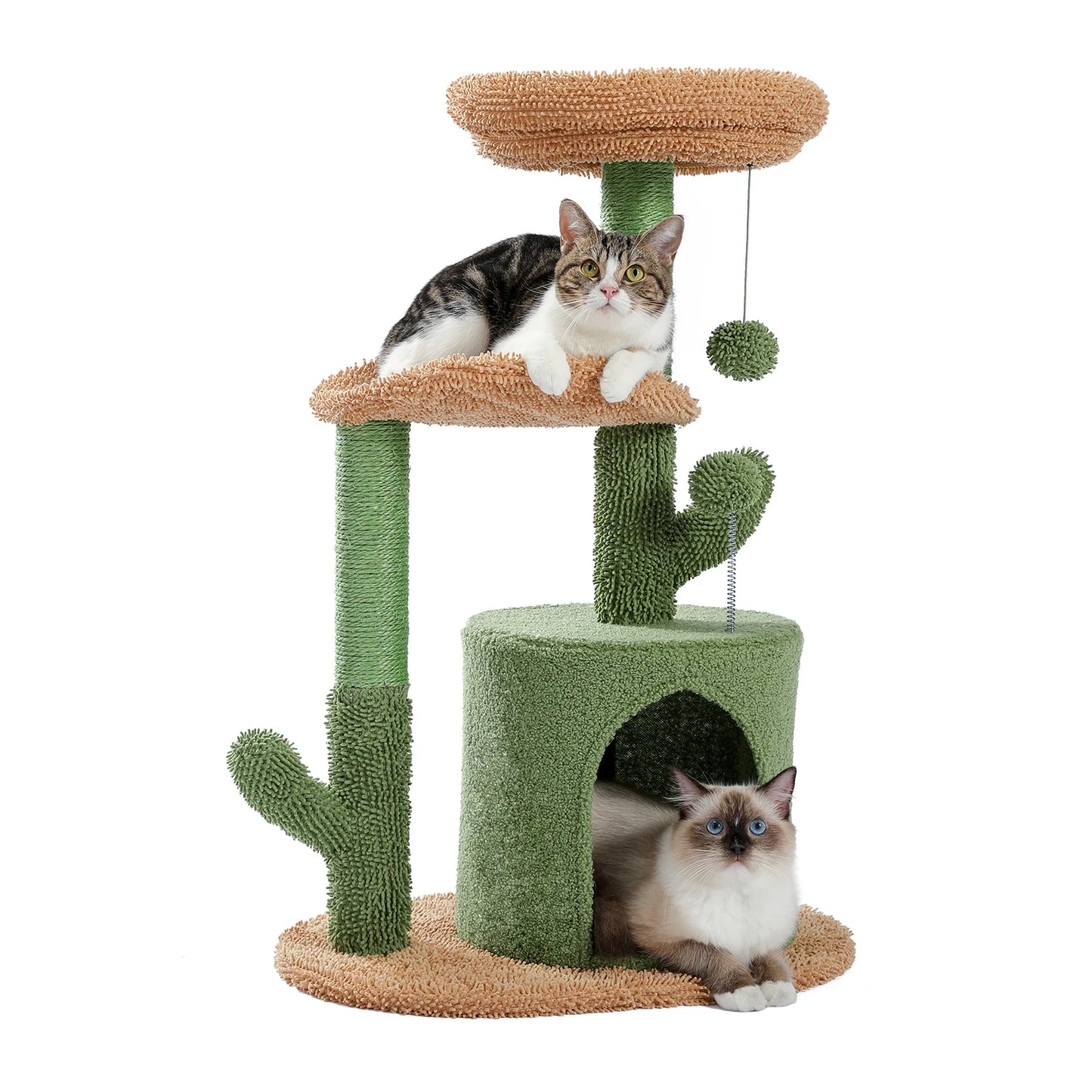 Cactus Cat Tower with Sisal Covered Scratching Post, Plush Perches and Fluffy Ball For Cats Up to 12Lbs