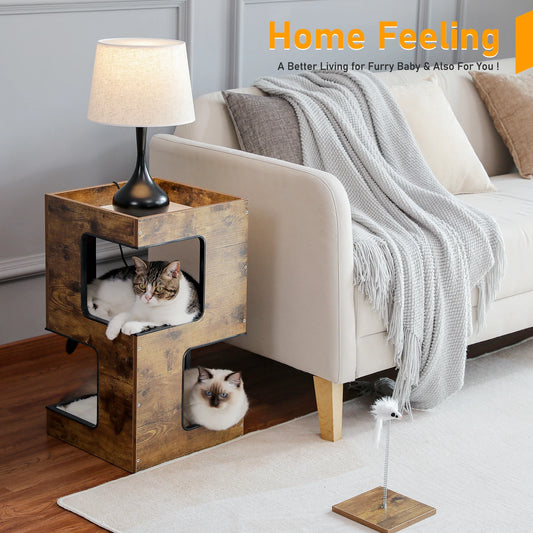 Purrfect Wooden Cat Retreat-Sleep, Scratch, Play With Plush Mats, Scratching Pad & Cat toy