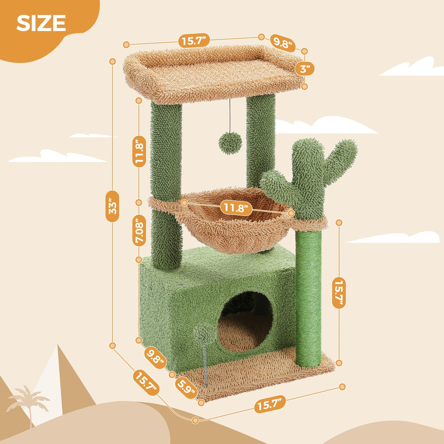 Cactus Cat Tower With Scratching Post, Deep Hammock And Cozy Top Perch